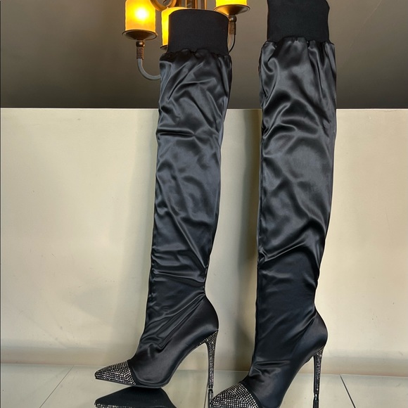 Black Satin Rhinestone Embellished Over the Knee Boots - Picture 7 of 12